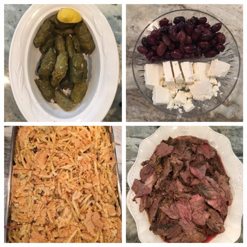 Dolmathes (stuffed grapeleaves), Kalamata olive and feta, Pasticio (Greek lasagna), Leg of Lamb