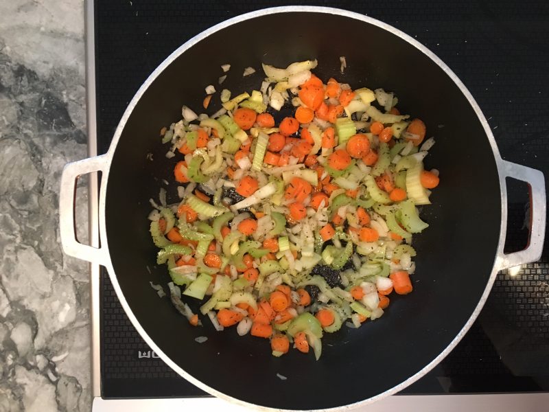 Chicken Stew ingredients - sauteed onion, carrot, celery