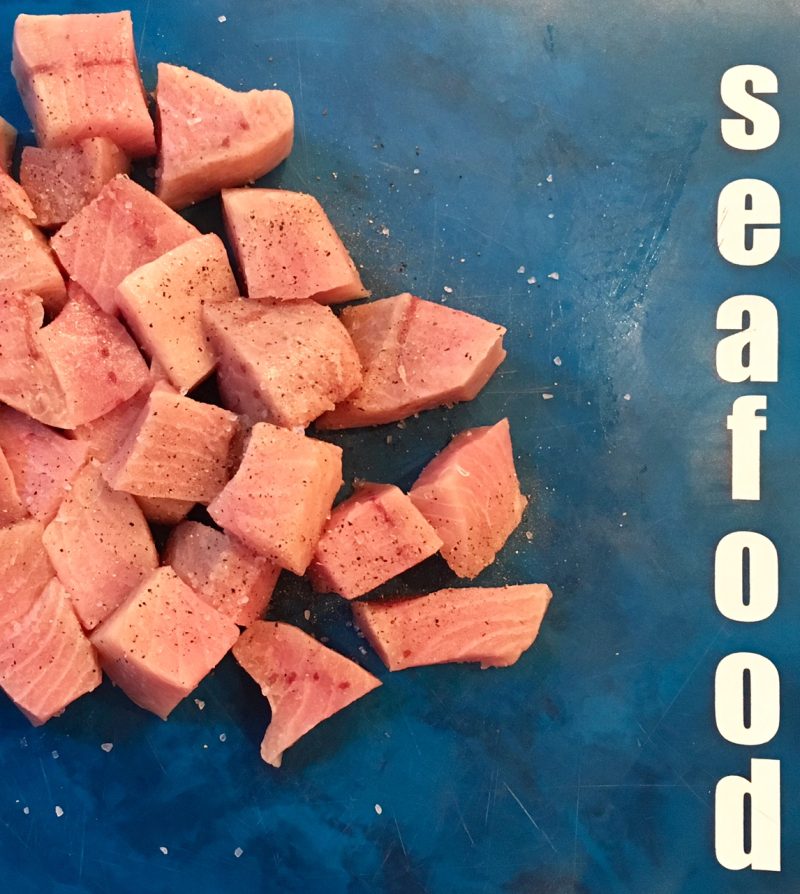 Fresh swordfish cut into cubes