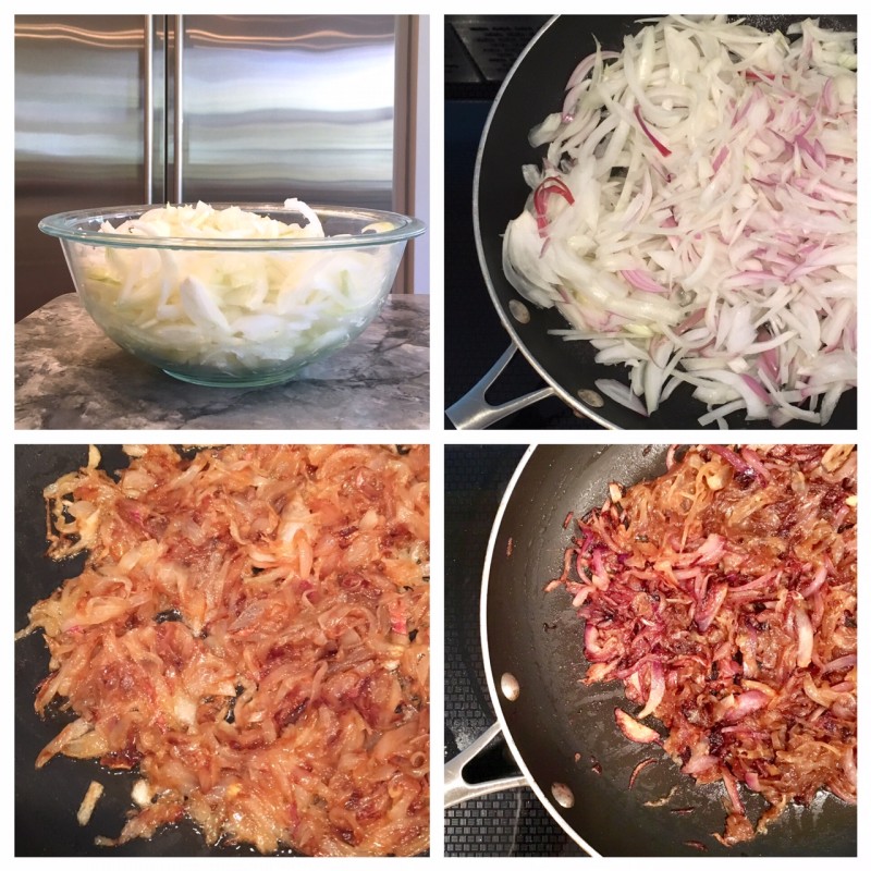 Onions being prepared for onion tart recipe