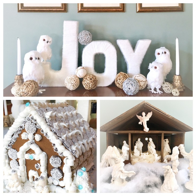 Joy Snowbird table decoration, gingerbread house, white nativity