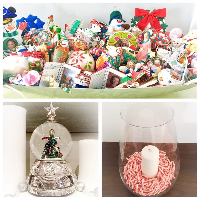Bowl of Christmas ornaments, musical snow globe, candy cane hurricane filler