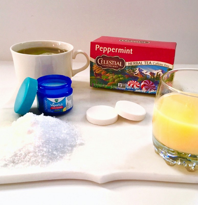 Cold remedies - Peppermint tea, menthol rub and shower tablets, Epsom salts and orange juice