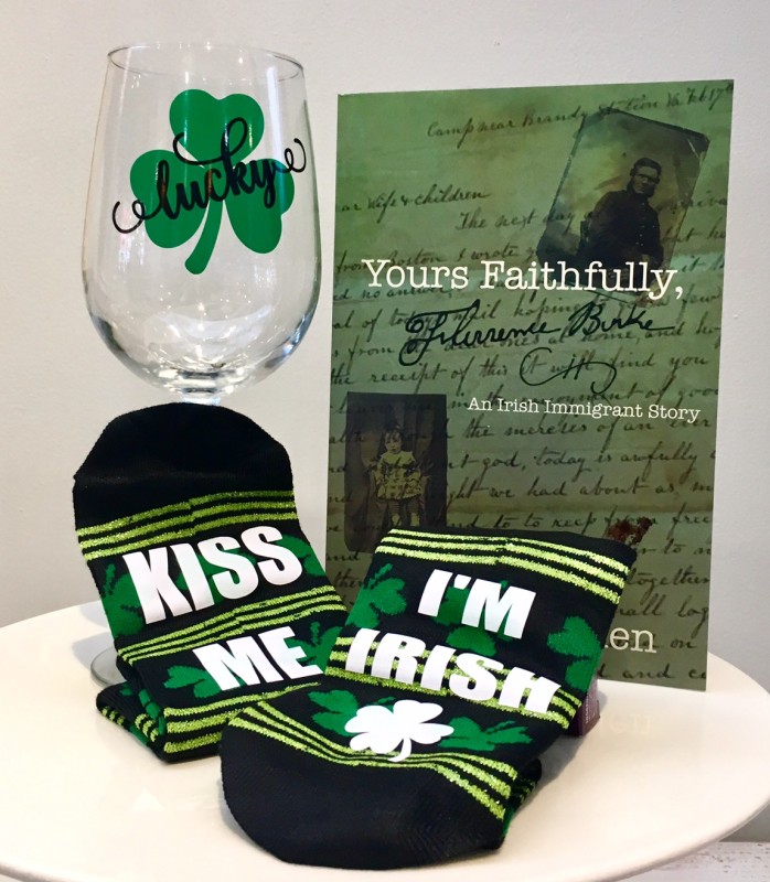 Blog giveaway shamrock wine glass, kiss me I'm Irish socks, Your Faithfully novel