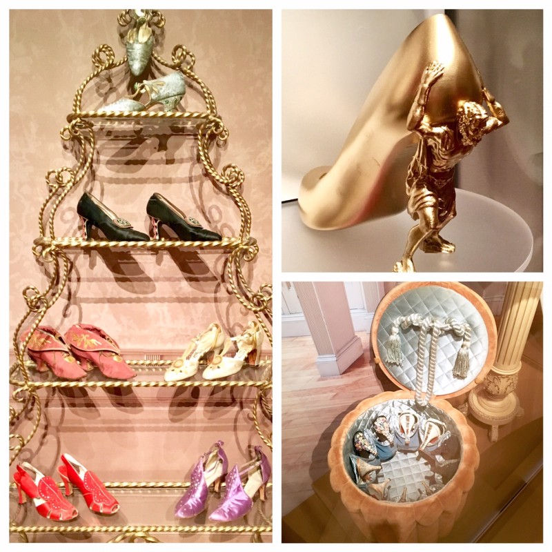 A variety of artistic shoes and a shoe case at the Peabody Essex Museum