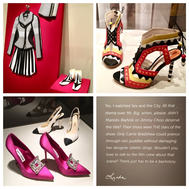 Black and white outfit with shoes on red backdrop, colorful heels, pink Manolo Blahniks and black and white Chanel. A quote from exhibit curator at the Peabody Essex Museum