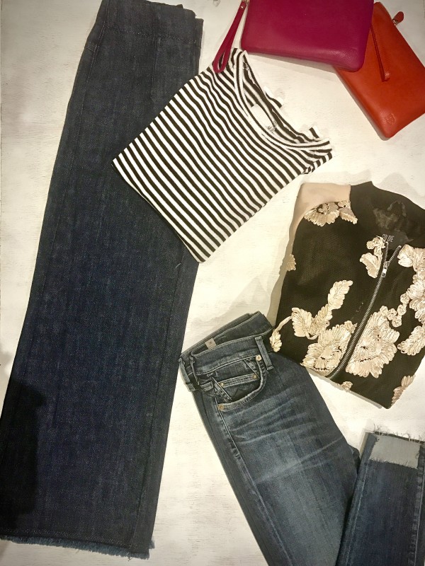 Palazzo jeans, striped shirt, floral bomber & skinny jeans. Picture taken @ dresscode Andover