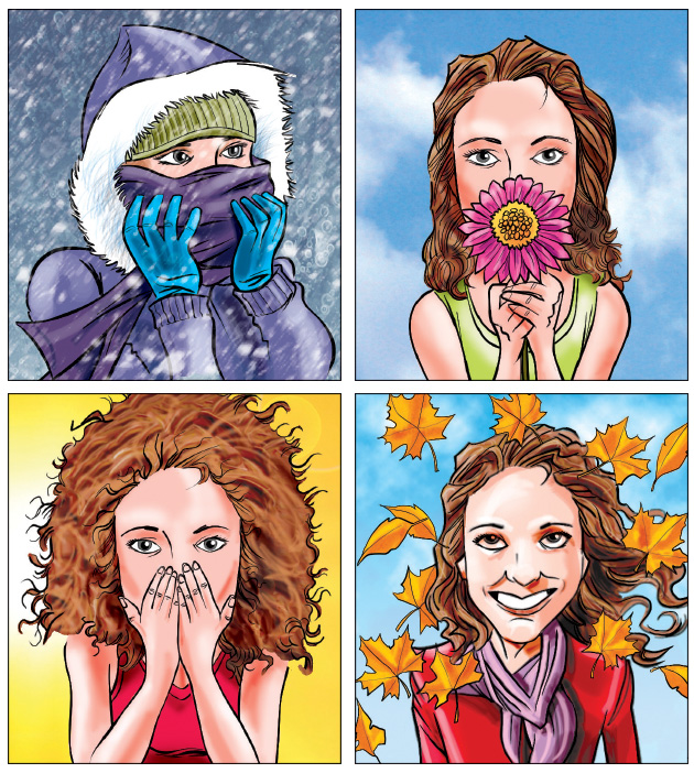 winter spring summer fall caricature art from Why Do I Live Here column in Merrimack Valley Magazine